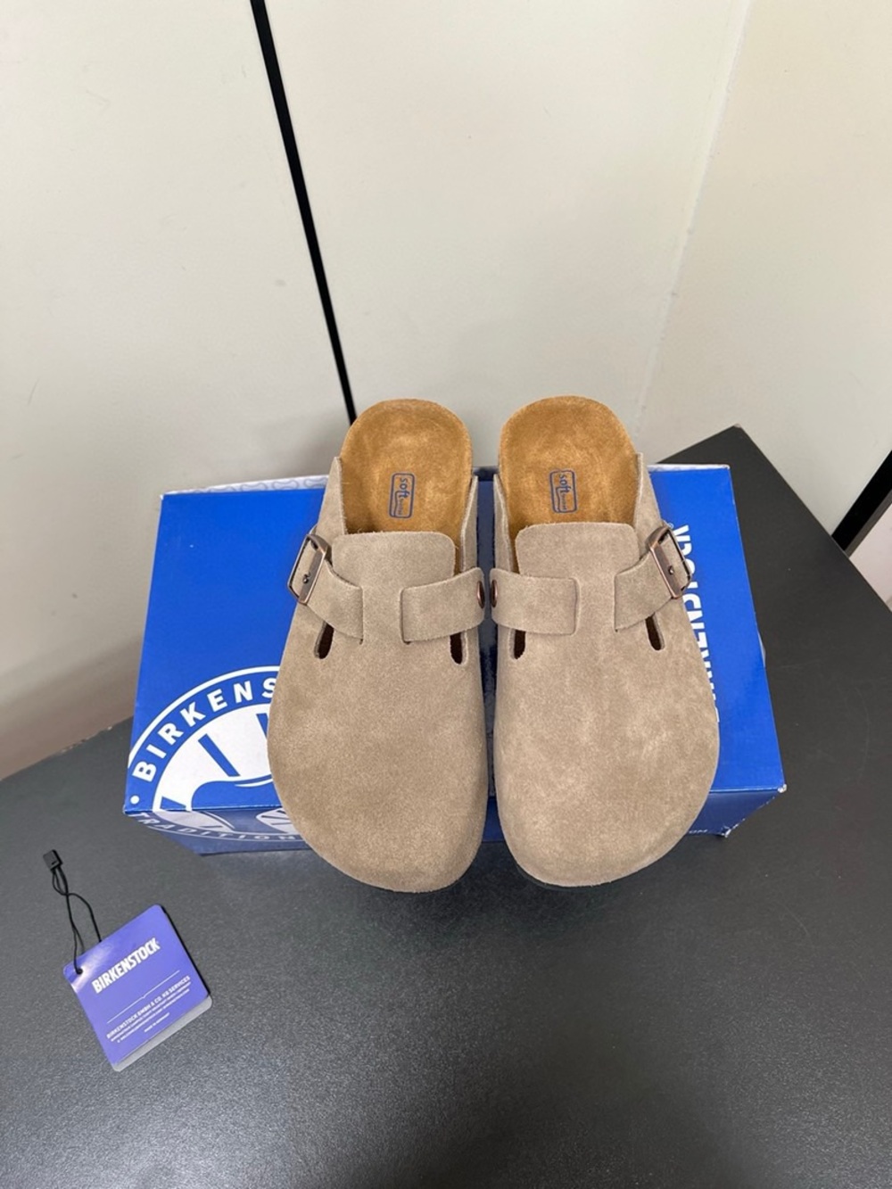 BIRKENSTOCK Boston taupe suede mule clogs